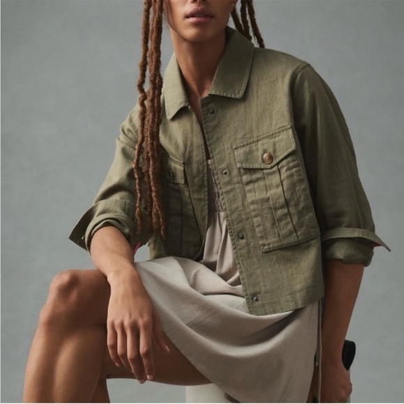 Anthropologie Dolan Utility Jacket Cropped Linen Cropped Moss Green Size L - Picture 4 of 13